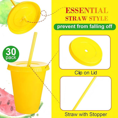 Sieral Cups with Straws and Lids Kids Tumbler with Straw Reusable Water Bottle Iced Coffee Travel Mug Adults Plastic Cups for Parties 16 oz(Simple Colors,30 Pack)