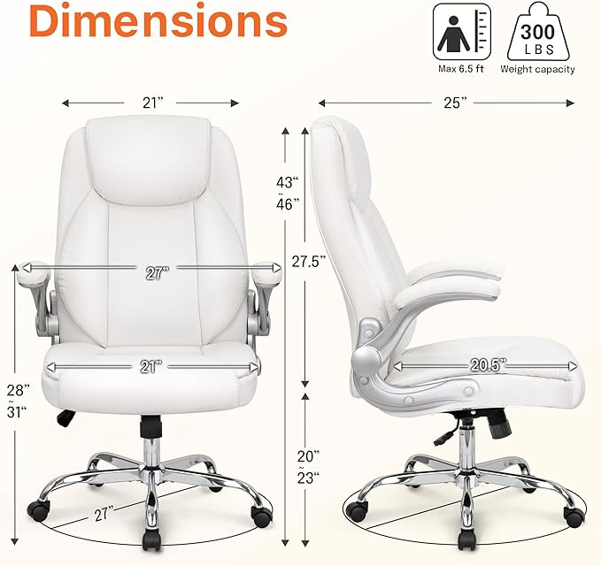NEO CHAIR Ergonomic Office Desk Gaming Computer Chair Executive High Back Support Flip-up Arms Adjustable Height Swivel Rolling Wheels Comfy PU Leather for Home (White)
