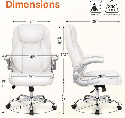 NEO CHAIR Ergonomic Office Desk Gaming Computer Chair Executive High Back Support Flip-up Arms Adjustable Height Swivel Rolling Wheels Comfy PU Leather for Home (White)
