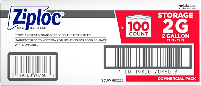 SC Johnson Professional Ziploc Brand Food Storage 2 Gallon Bags, Food Storage Ziploc Brand Bags, Commercial Pack, 100 Count Box, for Professional Use Only