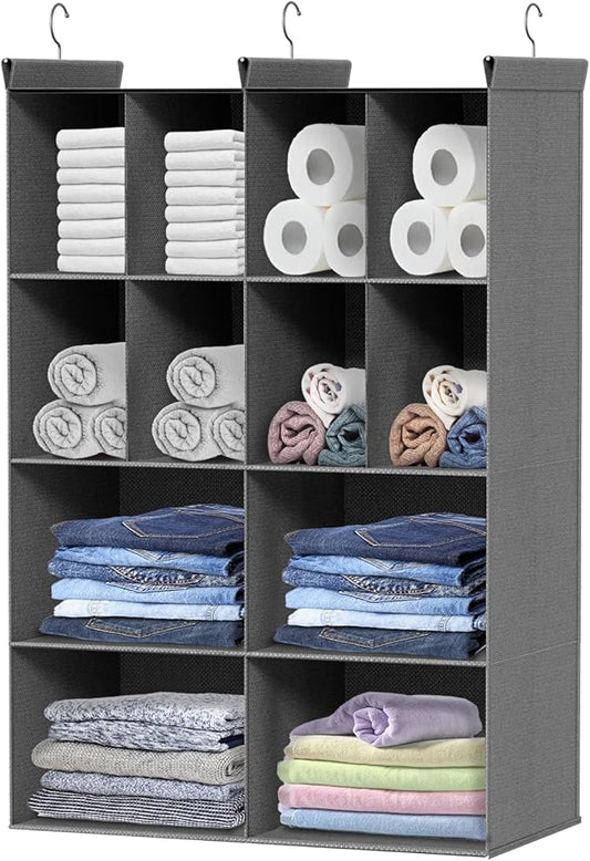 Ofiray-home 4 Tier Hanging Closet Organizer, 12 Compartments Sweater Organizer for Closet with 3 Sturdy Hooks, Closet Organizers and Storage, Wardrobe, Rv, Garment Rack, Grey