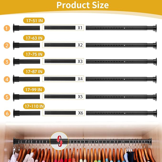Closet Rod, 17 to 75 Inch Adjustable Closet Rod for Rugged Durability,1.3 Inch Diameter Heavy Duty Closet Rods for Hanging Clothes,Premium Metal Black Closet Poles for Wardrobes