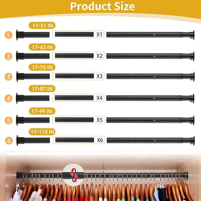 Closet Rod, 17 to 75 Inch Adjustable Closet Rod for Rugged Durability,1.3 Inch Diameter Heavy Duty Closet Rods for Hanging Clothes,Premium Metal Black Closet Poles for Wardrobes