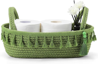 Green Toilet Paper Basket Decorative Boho Cotton Rope Storage Basket Gift Empty Woven Bins with Handle Tassel for Toilet Tank Bathroom Accessories Organizer Decor Countertop Shelf Holder
