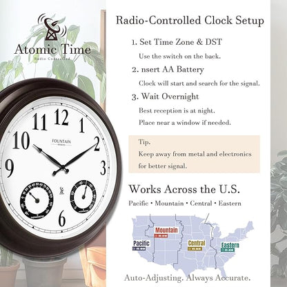 20" Evander Large Outdoor Atomic Wall Clock with Temperature & Humidity, Waterproof Outdoor Clock Thermometer Combo for Patio, Pool and Garden Decor,Oil Rubbed Bronze Black