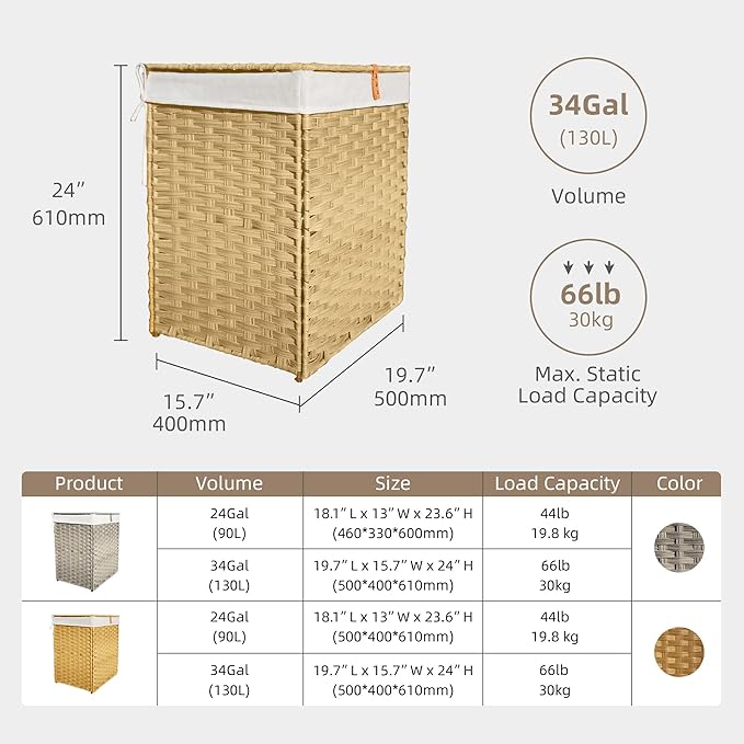 Woven Laundry Hamper with Lid,34 Gal(130 L) Rattan Wicker Laundry Basket 2 Sections with Lid, Removable Machine Washable Line, Large Clothes Hamper with Handles for Bathroom Bedroom, Yellow