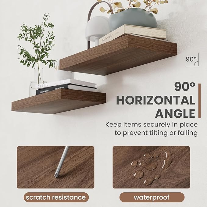 Acovy 55 Inch Floating Shelves, 8 Inch Deep Floating Shelves for Wall, Hanging Shelf with Invisible Brackets, Deep Shelves for Bathroom, Bedroom, Living Room, Walnut, Set of 2