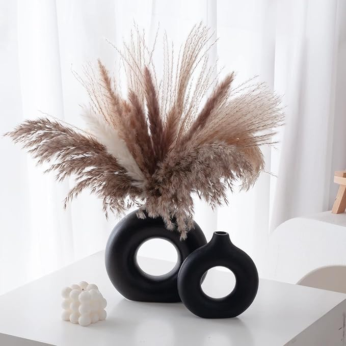 Black Ceramic Donut Vase Set of 2, Big Hollow Round Matte Pampas Flower Vases for Boho Home Wedding Party Room Dinner Table Shelf Decor.
