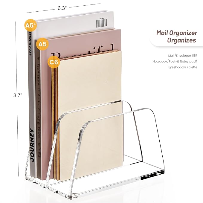 YUXUN Acrylic Mail Organizer,2 Sections Vertical Desk Organizer,Clear Envelope Holder Bill Organizer Letter Sorter for Mail,Envelope,Bill,Notebook,Post-it Note for Home,Office,Classroom