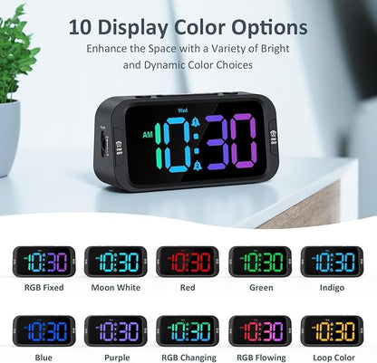 Digital Dual Alarm Clock for Bedroom: RGB Electric Clock with USB Charger for Kids Teens - Dimmable Clock with Weekday Weekend Mode for Bedside Desk