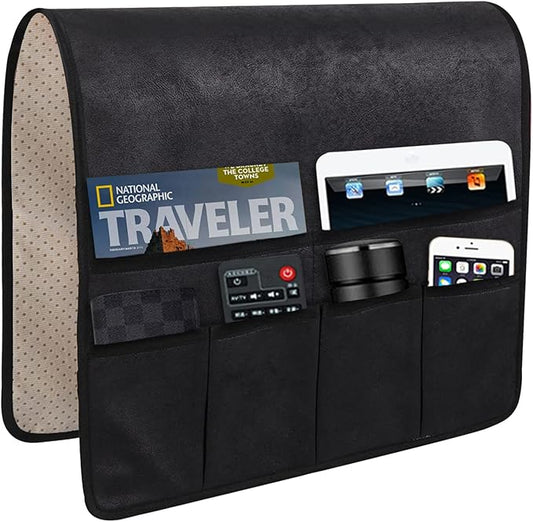 HAOMAIJIA Anti Slip Sofa Armrest Organizer Arm Chair Bedside Caddy Storage Organizer For Recliner Couch With 6 Pockets For Cell Phone Tv Remote Control Magazines (black)