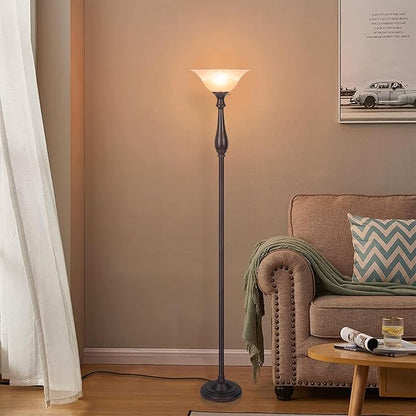 HonoDing Torchiere Floor Lamp for Living Room, Standing Lamp with Glass Shade, Iron Brushed Nickel Floor Lamps, Corner Lamps for Bedroom, Office, Reading (Dark Brown)