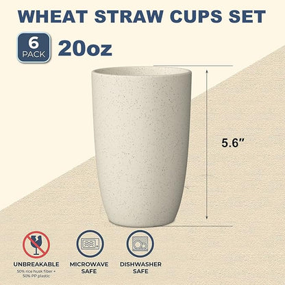 Wrova Wheat Straw Cups 6 PCS Good Alternative to Plastic Reusable Cups 20 oz Unbreakable Drinking Cup Reusable Dishwasher Safe Water Plastic Glasses Mixed Color