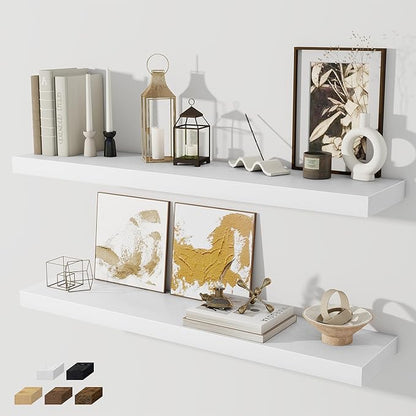 Fun Memories 40" Floating Shelves for Wall, 8 Inch Deep Floating Shelf for Books, Deep Bathroom Shelves Wall Mounted, Rustic Display Shelf for Kitchen, Bedroom, Living Room, White Color, 2 Pack