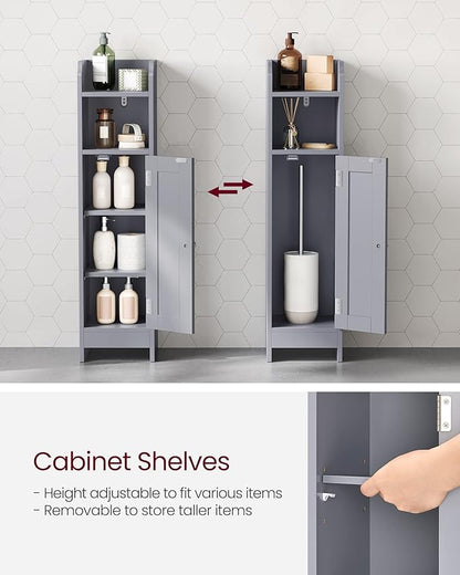 VASAGLE Small Storage Corner Floor Cabinet with Door, 7.9 x 7.1 x 31.5 Inches, Narrow Toilet Paper Storage Holder, Adjustable Shelves, for Bathroom, Living Room, Small Spaces, Dove Gray UBBC310P36