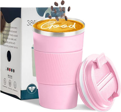 YINBAOGE Insulated Travel Coffee Mug, Spill & Leak Proof, Portable To Go Camping Stainless Steel Coffee Tumbler, Reusable Thermal Coffee Cup with Lid for Hot & Cold Drinks (Pink, 17 OZ)