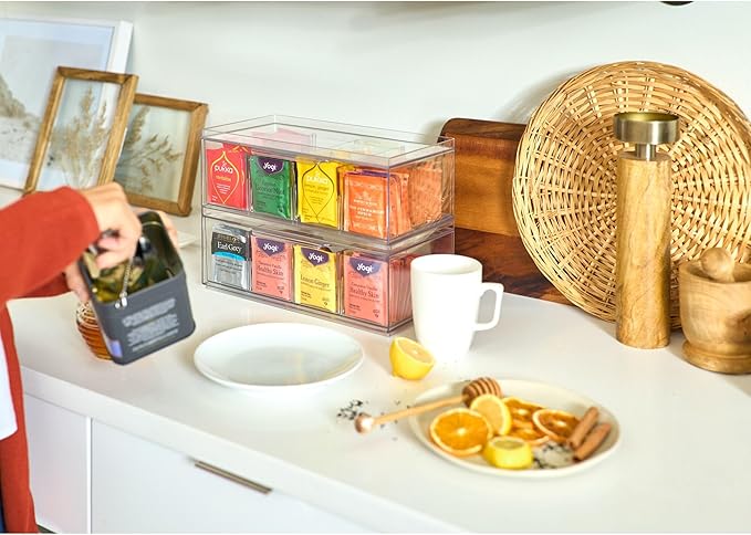 iDesign XL Tea Bag Organizer for Counter, 4-Section Clear Stackable Tea Storage Drawer for Cabinet