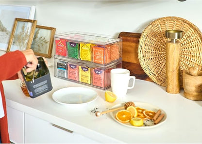 iDesign XL Tea Bag Organizer for Counter, 4-Section Clear Stackable Tea Storage Drawer for Cabinet