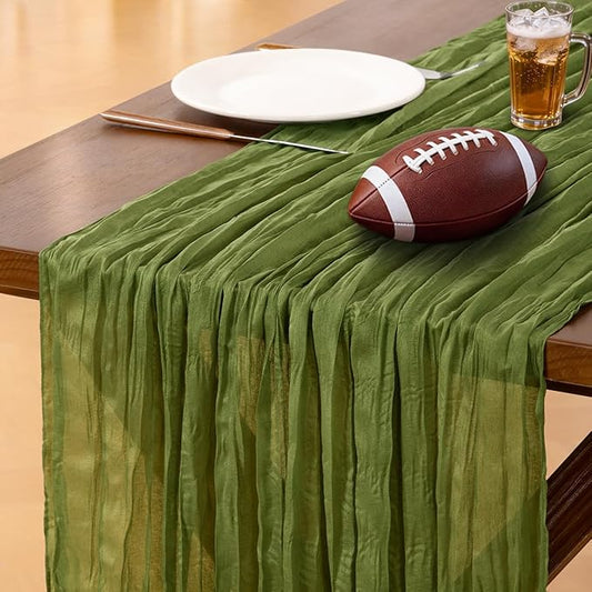 Socomi Olive Green Valentine's Day Cheesecloth Table Runner Boho Rustic Gauze 120 inch 10FT Cheese Cloth Runner for Wedding Party Baby Shower Birthday Home Decor Holiday Decorations