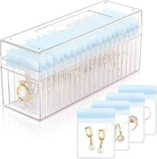 HOMEHIVE Acrylic Jewelry Box Organizer, Clear Jewelry Organizer Holder with 20 Portable Anti Tarnish Jewelry bags, Travel Jewelry Case for Earrings/Rings/Necklaces for Women Girls, Blue