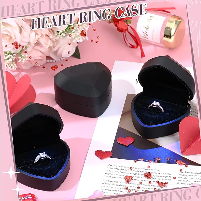 Yinkin 12 Pcs Black Velvet Jewelry Boxes LED Light Display Ring Necklace Bracelet Chain Gift Box Bulk Wedding Proposal Anniversary (Ring Box,Heart Shape)