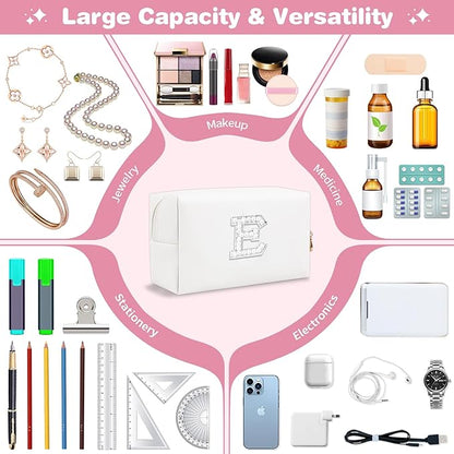 Bride Gifts – Personalized Initial Makeup Bag with Pearl Rhinestone Patch, Preppy White Monogram Cosmetic/Toiletry Pouch, bridesmaid Gifts, Bridal Shower Gifts, Wedding Gifts, Bridal Gifts,E