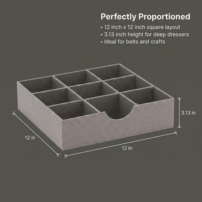 Household Essentials Grey 728-1 Deep 9 Section Drawer Organizer Box for Storage 12 in x 3.13