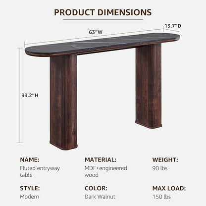 OKD 63 Inch Modern Console Table with Arc Faux Marble Texture Top, Fluted Wood Base, Contemporary Entryway Sofa Table for Living Room, Hallway, Foyer, Dark Walnut