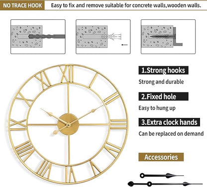 Large Wall Clock for Living Room Decor - 60cm/ 24 Inches Silent Non-Ticking Metal Wall Clocks Battery Operated, Vintage Decorative Modern Wall Clock for Bedroom, Office, Farmhouse Decor