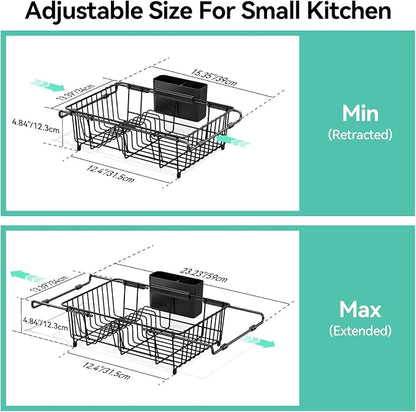 Urackify Dish Drying Rack in Sink, Expandable (15.35"-23.23" L) Over the Sink Dish Rack with Utensil Holder & Cup Holder for Compact Kitchen, Space - Saving Dish Drainer for Inside Sink, Black
