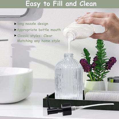 Clear Glass Soap Dispenser with Pump, 2 Pack 13.5oz Bathroom Soap Dispenser with Vertical Stripe for Hand Wash and Dish Wash, Elegant Refillable Hand Dispenser for Dishwashing Liquid, Lotion