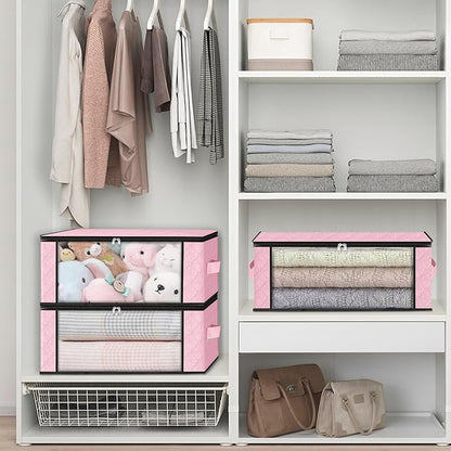 HomeHacks Storage 10-Pack Clothes Organizer Storage Bags Foldable Storage Box with Large Clear Window Sturdy Handles for Closet, Dorm, Pillows, Bedding, Clothes, Blankets, 35L, Pink
