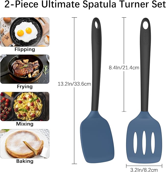 Coukre 2 Pack Silicone Spatula Set, High Heat Resistant, BPA Free Kitchen Spatula, Solid & Slotted Turner for Non-Stick Pans, Sautéing, and Flipping (2, NavyBlue)