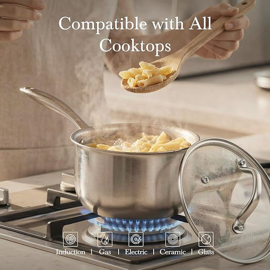 Tri-ply Stainless Steel Pot - 1.5 Qt & 2.5 Qt Heavy Duty Sauce Pan with Lid, Nonstick Stainless Steel Cookware Set Cooking Pot, Multipurpose Saucepan with Stay Cool Handle