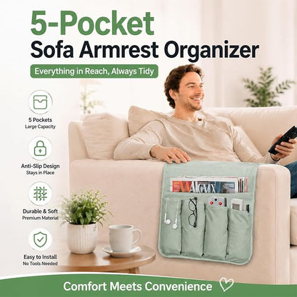 Sofa Armrest Organizer Non-Slip Arm Chair Bedside Caddy Storage Organizer for Recliner Couch with 5 Pockets for Cell Phone TV Remote Control Magazines (Light Green)