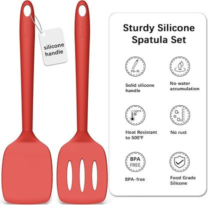 Coukre 2 Pack Silicone Spatula Set, High Heat Resistant, BPA Free Kitchen Spatula, Solid & Slotted Turner for Non-Stick Pans, Sautéing, and Flipping (2, SolidRed)