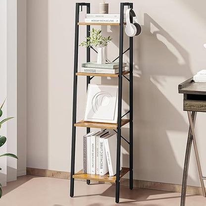 Ladder Shelf, Bookshelf Bookcase, Freestanding Corner Storage Shelve with 2 Hooks for Home Office, Living Room, Kitchen, Bedroom, Industrial, 11.8"D x 13.4"W x 47.2"H, Rustic Brown BC13201B