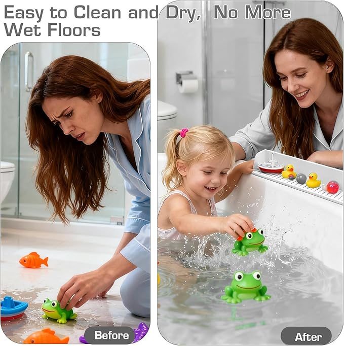 31.5" Bathtub Splash Guard for Kids & Toddlers - Silicone Play Shelf & Toy Storage Tray with Strong Suction Cups to Prevent Water Spills, No-Leak Fun Bath Time - Tub Toy Holder Ledge,White