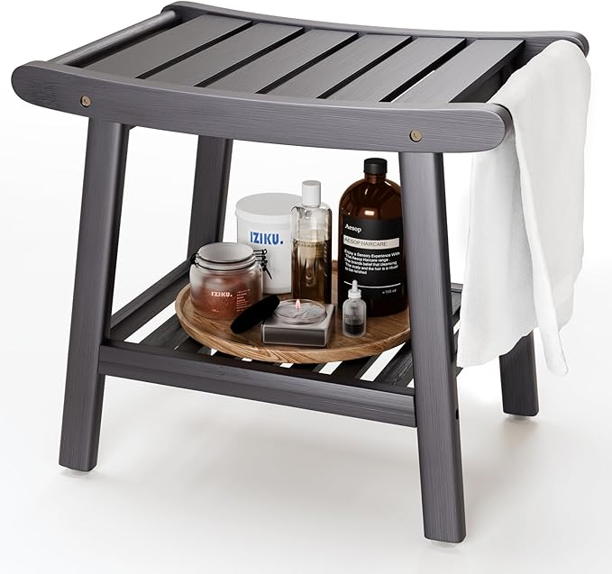 Bamboo Shower Bench Stool, Shower Chair for Inside Shower with 2-Tier Storage Shelf, Waterproof Shower Seat for Shaving Legs, Spa Bathroom Shower Bench-Grey