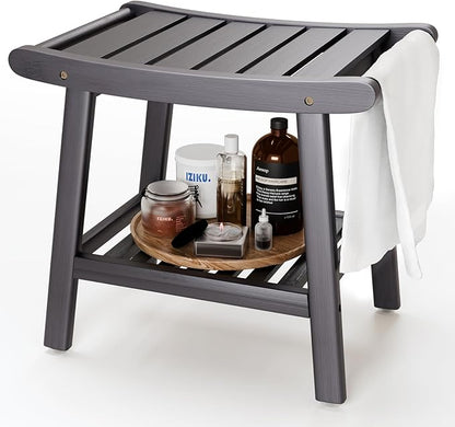 Bamboo Shower Bench Stool, Shower Chair for Inside Shower with 2-Tier Storage Shelf, Waterproof Shower Seat for Shaving Legs, Spa Bathroom Shower Bench-Grey