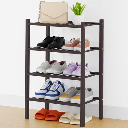 Smiry Small Bamboo Shoe Rack, 4 Tier Free Standing Wooden Shoe Organizer, Stackable Wood Shoe Storage Shelf for Closet, Entryway, 14 Vertical Slats, 2+2 Stack Heavy-Duty Legs, 17.3"x11"x26", Brown