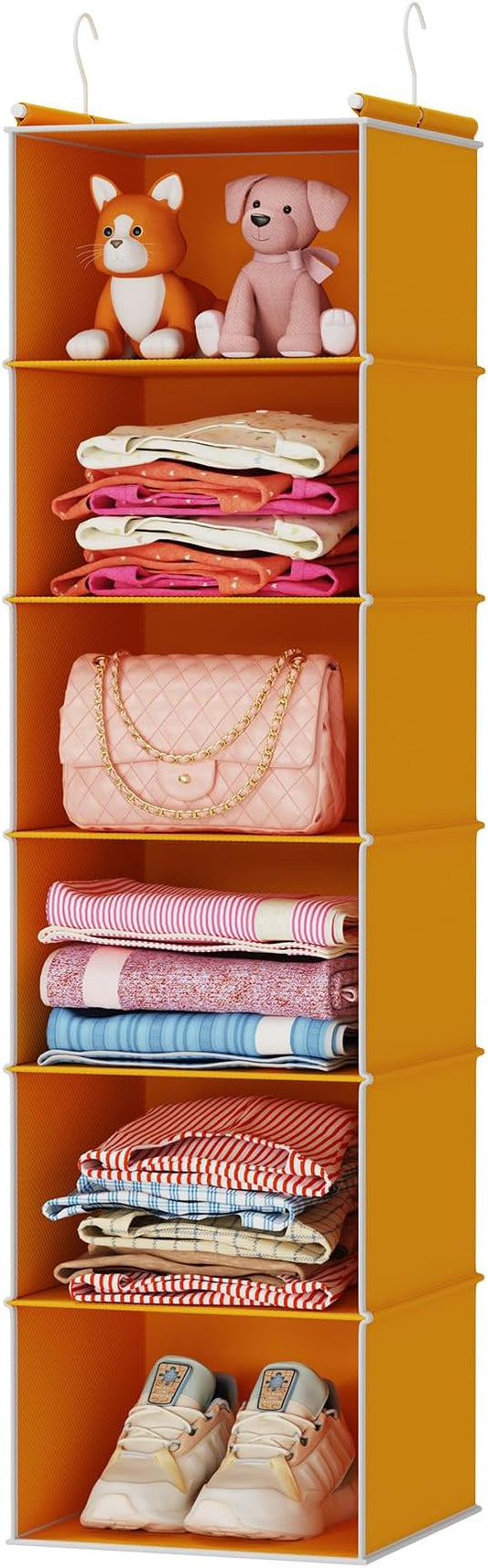 MAX Houser 6-Shelf Hanging Closet Organizer, Hanging Storage Shelves with 2 Sturdy Hooks Space-Saving for Bedroom, Foldable (Yellow)