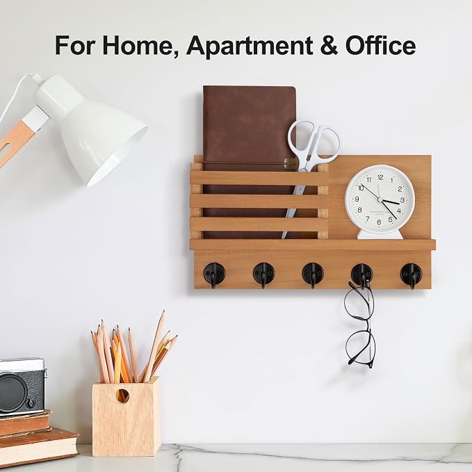 Lwenki Key Holder for Wall – Decorative Wooden Mail Holder and Key Shelf with Mounting Hardware, Installation Guide – Paulownia Wood with Metal Key Hooks (Light Brown, Large - 11.8inch)