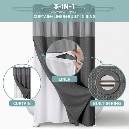 Charcoal No Hook Waffle Weave Shower Curtain with snap-in Liner Replacement, 230GSM Waterproof Fabric Hotel Shower Curtain Set for Bathroom, Through Mesh Top Window,60Wx74H