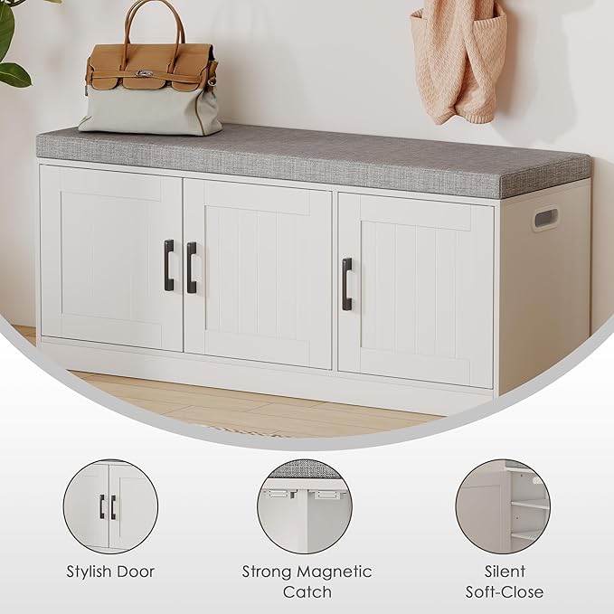 3-Tier Shoe Cabinet Storage with Adjustable Shelf Entryway Shoe Bench with Thickened Padded Seat Cushion Storage Bench with 3 Doors for Entry, Bedroom, Hallway (White Gray,46.3 * 13.8 in)