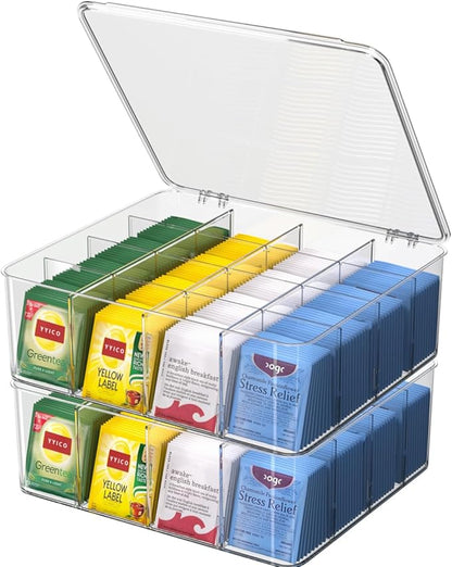 Tea Bag Organizer with Lid: Plastic Storage Bin - 16 Compartments with Removable Dividers, Stackable Pantry Storage Box for Drawers, Countertops, Fridge, Kitchen (2 Pack)