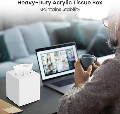 Tissue Box Cover, Square Facial Acrylic Tissue Box Holder with 2 Pack Clear Qtip Holder Dispenser, Bathroom Vanity Dresser Night Stand Essentials Accessories Decor, Modern Farmhouse Decor,White