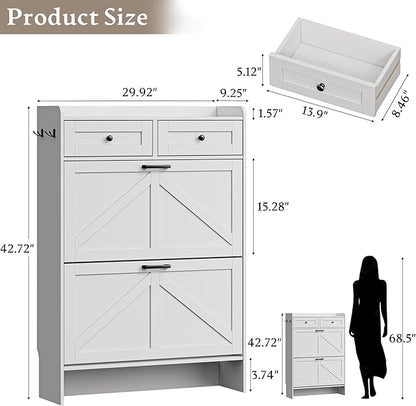 Shoe Storage Cabinet for Entryway, Farmhouse Narrow Shoe Cabinet with 2 Flip Drawers & Top Drawers, Adjustable Shelves & Hooks, Freestanding Hidden Rack Organizer for Hallway, Foyer