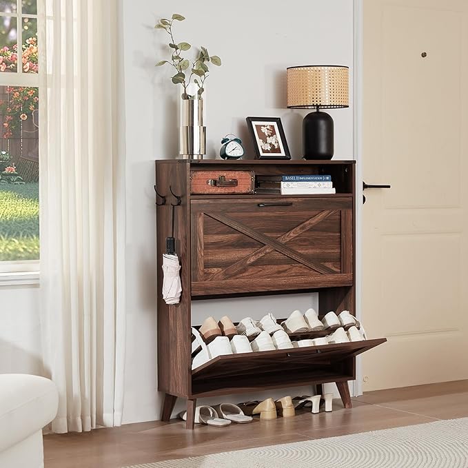 Shoe Storage Cabinet with 2 Flip Drawers, Farmhouse Shoes Organizer for Entryway, Narrow Hidden Shoe Rack with Legs & Open Storage, Freestanding Shoe Closet for Foyer, Hallway, Brown Walnut