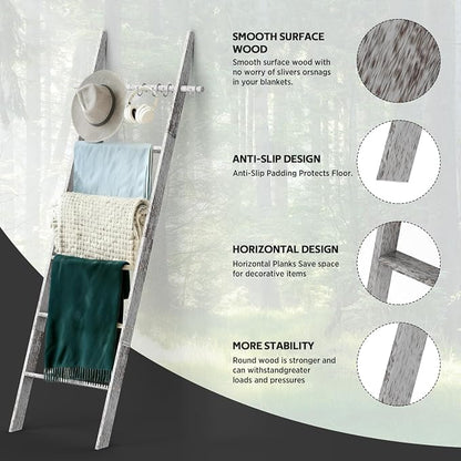 Farmhouse Wooden Blanket Ladder Living Room with Removable Hooks, 6-Tier Blanket Rack Decorative Stand, Leaning Towel Quilt Rack Holder for Bathroom Decor Rustic White